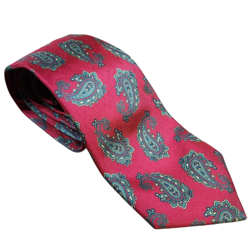 Christian Dior Mens Neck Tie Silk Red Paisley Colorful Made In The USA